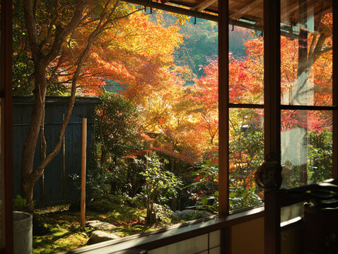 Autumn Foliage View Through Traditional Japanese House Window