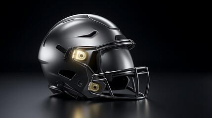 Naklejka premium Modern Black Football Helmet with Gold Accents and Visor on Dark Background
