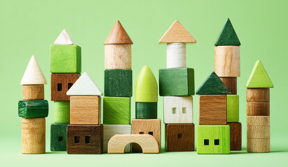 Wooden Building Blocks Shaped as Houses and Towers on Green Background – Educational Toy Concept.