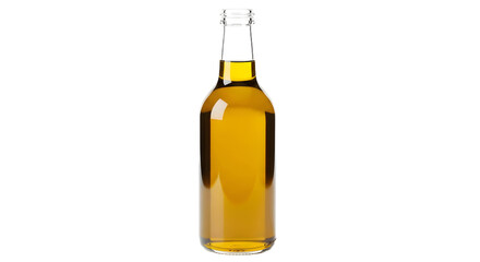 A clear glass bottle filled with a golden yellow liquid, presented as a plain object isolated on a clean white background with no label or text