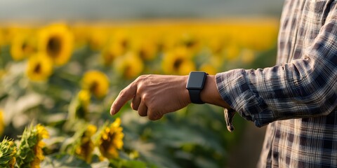 Person Touching Sunflower with Smartwatch in Vibrant Field