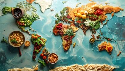 Explore global culinary diversity A vibrant world map crafted from diverse food ingredients, illustrating international gastronomic traditions and rich cultural flavors
