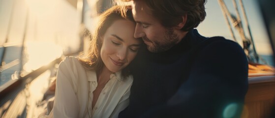 The couple embracing on a sailboat at sunset with warm romantic golden light
