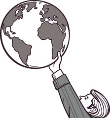 An icon of a person's hand holding a magnifying glass over a 3D earth globe, symbolizing global business and travel concepts