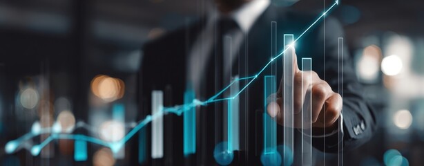 The businessman pointing at rising digital financial graph indicating growth and corporate success
