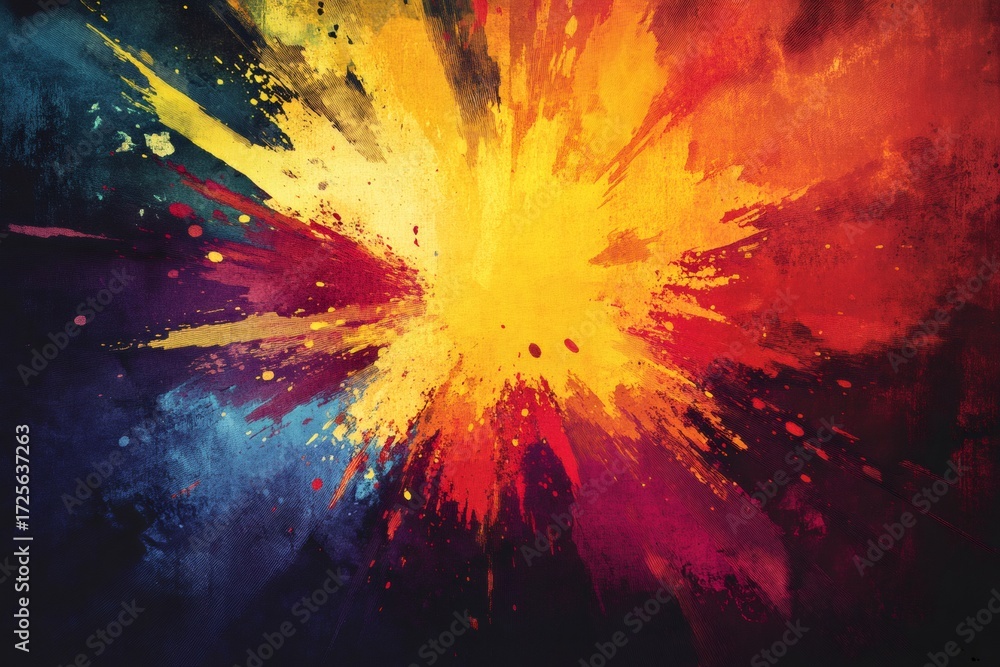 Poster bold splattered paint creating an energetic abstract background, showing vibrant color explosion and