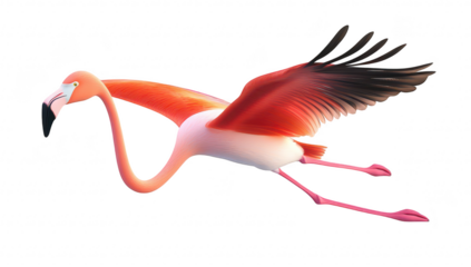 A flamingo gracefully flying against a pure white background. its elegant wings and distinctive colors. perfect for nature-themed projects or educational materials