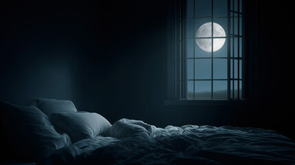Moonlight from a full moon shining through a window into a dark bedroom. Insomnia, stress, and mental health concept with an empty bed