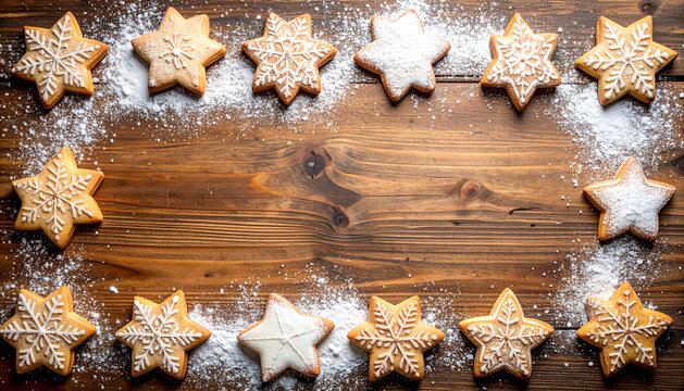 Star-shaped Christmas cookies with powdered sugar arranged on a rustic wooden background, creating a festive border for text or design. - Powered by Adobe