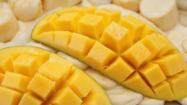 Juicy mango cubes macro close-up as texture wallpaper 