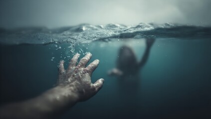 Desperate hand reaching out underwater towards a blurred figure, symbolizing struggle and hope for rescue in a dark, turbulent sea