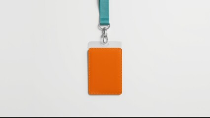 An orange identification badge holder hangs from a teal lanyard against a plain white background.