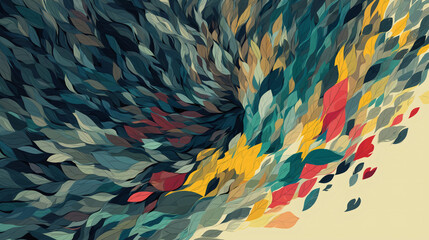 Abstract background with a dynamic flow of colorful leaves. Transformation from dark chaos to vibrant order. Mental health and stress awareness concept