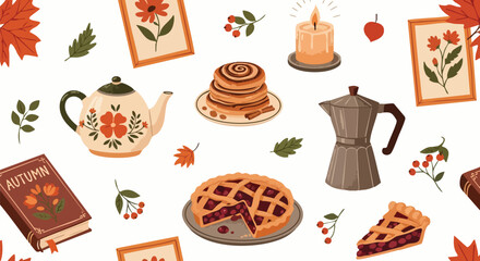 Cozy autumn vignettes featuring warm drinks, baked treats, and seasonal decor create a charming, inviting atmosphere perfect for seasonal promotions and designs.