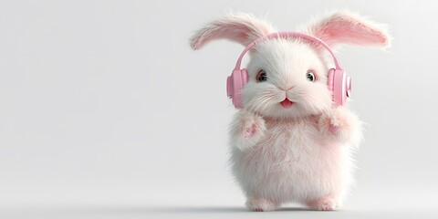 Cute fluffy rabbit wearing pink headphones enjoying music joyfully