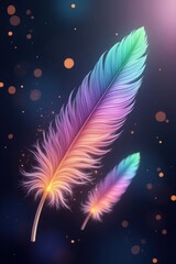 Two vibrant, luminous feathers, showcasing a spectrum of pastel colors, float gracefully against a dark background dotted with glowing particles.
