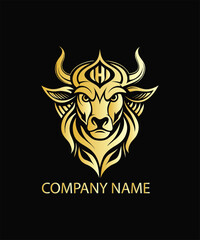 Powerful, golden, and majestic bull or ox head mascot, perfect for finance or sports.