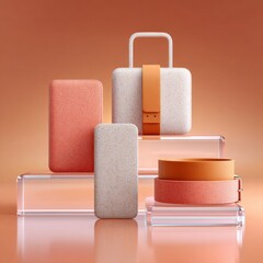 Obraz premium Minimalist coral and sand-toned fashion accessories made of organic textured materials displayed on clear acrylic stands against gradient backdrop
