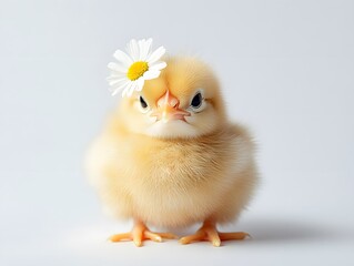 Cute Yellow Chick with Daisy Flower on Head, Soft Background