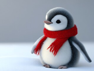 Adorable Baby Penguin Wearing Red Scarf in Snowy Winter Scene