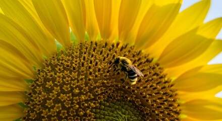 A fuzzy bumblebee pollinating the vibrant, golden head of a sunflower, a macro view of nature's essential symbiotic relationship in the summer sun