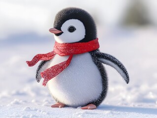 Adorable Penguin with Red Scarf in Winter Wonderland Setting