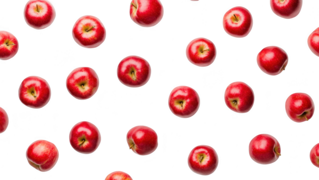 A arrangement of red apples scattered artistically on a clean white background. their glossy texture and natural color. ideal for culinary or health-related themes