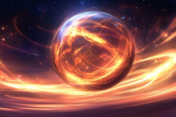Obraz premium Abstract glowing wireframe sphere creating a dynamic cosmic energy field with swirling light trails in deep space