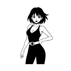 Black and white hot anime character line art illustration, stylish minimal outline drawing in clean style
