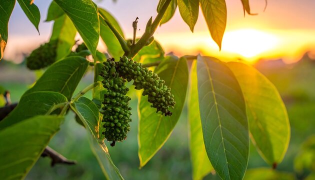 Sunset over walnut tree blossoms