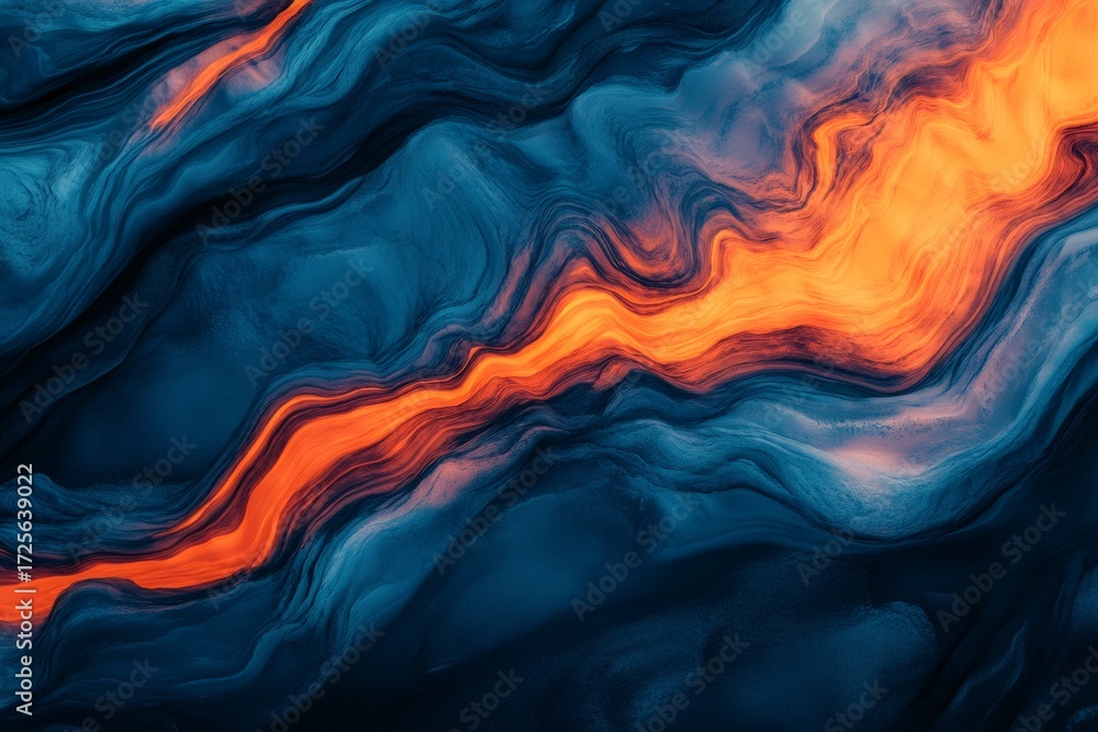 Poster abstract illustration showing a dynamic flow of vibrant orange color weaving through dark and light 