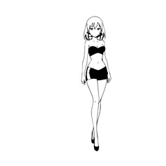 Black and white hot anime character line art illustration, stylish minimal outline drawing in clean style