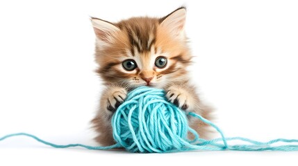 Cute Kitten Playing with Blue Yarn Ball in Bright White Background