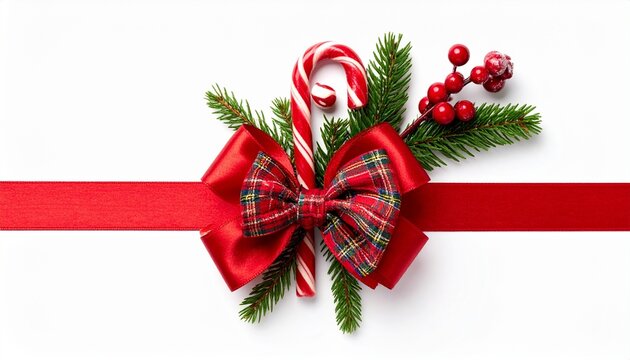 Candy canes and plaid bow with pine on white.