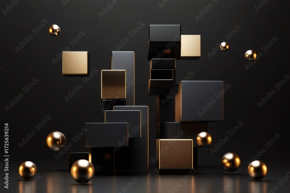 Aufkleber black and golden cubes and spheres floating and resting in an abstract geometric composition on a da