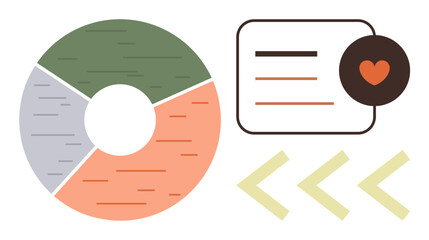 Circular pie chart in orange, green, gray segments, text box with heart symbol, interaction arrows. Ideal for analytics, feedback, relationship communication teamwork simplicity business. Flat