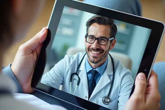 Close-Up Photo of Tablet Computer Displaying Live Video Conference Call with Doctor Talking to Patient