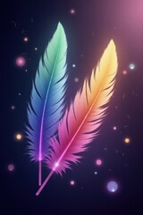 Two vibrant, glowing feathers in a spectrum of colors stand out against a dark background, creating a striking visual effect.