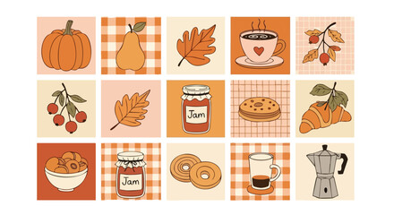 Cozy autumn harvest delights featuring pumpkins pears leaves berries jam donuts croissants and hot coffee perfect for seasonal celebrations and warm cozy vibes