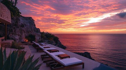 A beautiful and cliffside terrace overlook on the beach sunset