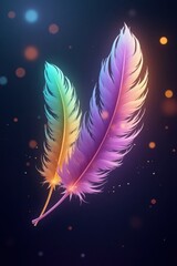 Two vibrant, iridescent feathers, a captivating display of glowing colors against a dark background, create a mystical and elegant design.