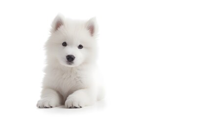 Adorable fluffy Samoyed puppy lying down on a white background