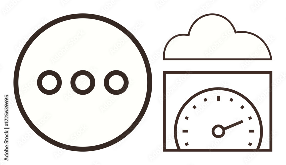 Poster three dots in a circle, a cloud, and a speedometer panel combine to symbolize data syncing, cloud st