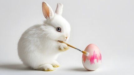 Cute White Bunny Painting a Colorful Egg for Easter Celebration