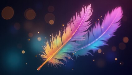Two vibrant, multicolored feathers float against a dark background, highlighted by glowing particles and soft, blurred bokeh lights.