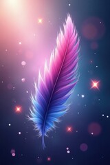 A vibrant, multicolored feather takes center stage against a backdrop of ethereal light and sparkling stardust, radiating a sense of magic and wonder.