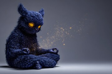 Cute blue furry creature meditating with glowing sparkles in background
