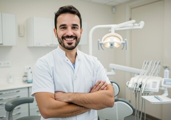 Smiling male dentist in white coat with arms crossed in modern dental office with equipment