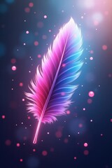 A vibrant, iridescent feather floats against a backdrop of shimmering, pastel light, showcasing a captivating blend of pink and blue hues.