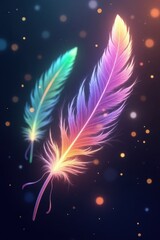 Two vibrant, iridescent feathers glow against a dark backdrop, creating an ethereal and magical atmosphere.